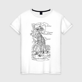 Женская футболка хлопок с принтом Тигр на фоне солнца в Новосибирске, 100% хлопок | прямой крой, круглый вырез горловины, длина до линии бедер, слегка спущенное плечо | clouds | jungle | lake | stone | sun | tattoo | tiger | джунгли | камень | облака | озеро | солнце | татуировка | тигр