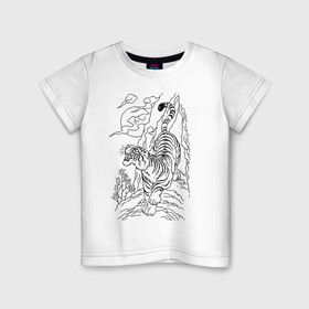 Детская футболка хлопок с принтом Тигр на фоне солнца и облаков в Новосибирске, 100% хлопок | круглый вырез горловины, полуприлегающий силуэт, длина до линии бедер | clouds | jungle | stone | sun | tattoo | tiger | джунгли | камень | облака | солнце | татуировка | тигр