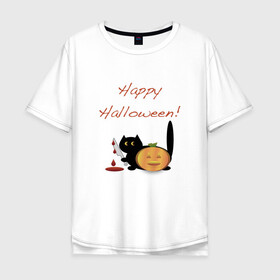 Мужская футболка хлопок Oversize с принтом Happy Halloween! в Новосибирске, 100% хлопок | свободный крой, круглый ворот, “спинка” длиннее передней части | halloween | hallowin | hellowin | котик | страшилка | тыква | хэллоувин