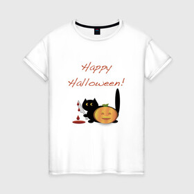 Женская футболка хлопок с принтом Happy Halloween! в Новосибирске, 100% хлопок | прямой крой, круглый вырез горловины, длина до линии бедер, слегка спущенное плечо | halloween | hallowin | hellowin | котик | страшилка | тыква | хэллоувин