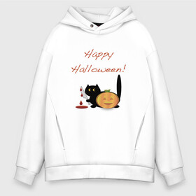 Мужское худи Oversize хлопок с принтом Happy Halloween! в Новосибирске, френч-терри — 70% хлопок, 30% полиэстер. Мягкий теплый начес внутри —100% хлопок | боковые карманы, эластичные манжеты и нижняя кромка, капюшон на магнитной кнопке | Тематика изображения на принте: halloween | hallowin | hellowin | котик | страшилка | тыква | хэллоувин