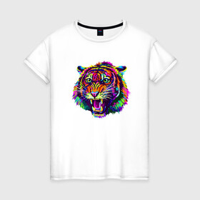 Женская футболка хлопок с принтом Color Tiger в Новосибирске, 100% хлопок | прямой крой, круглый вырез горловины, длина до линии бедер, слегка спущенное плечо | 2022 | animal | cat | lion | tiger | год тигра | животные | зверь | зубы | кот | кошка | лев | охотник | полосатый | природа | тигр | тигренок | тигрица | хищник