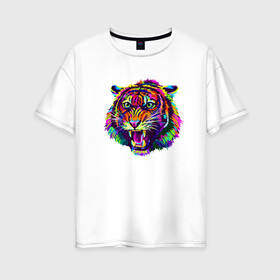 Женская футболка хлопок Oversize с принтом Color Tiger в Новосибирске, 100% хлопок | свободный крой, круглый ворот, спущенный рукав, длина до линии бедер
 | 2022 | animal | cat | lion | tiger | год тигра | животные | зверь | зубы | кот | кошка | лев | охотник | полосатый | природа | тигр | тигренок | тигрица | хищник