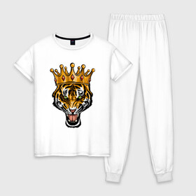 Женская пижама хлопок с принтом Царь тигр в Новосибирске, 100% хлопок | брюки и футболка прямого кроя, без карманов, на брюках мягкая резинка на поясе и по низу штанин | 2022 | animal | cat | lion | tiger | год тигра | животные | зверь | зубы | кот | кошка | лев | охотник | полосатый | природа | тигр | тигренок | тигрица | хищник