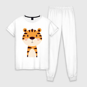 Женская пижама хлопок с принтом Cartoon Tiger в Новосибирске, 100% хлопок | брюки и футболка прямого кроя, без карманов, на брюках мягкая резинка на поясе и по низу штанин | 2022 | animal | cat | lion | tiger | год тигра | животные | зверь | зубы | кот | кошка | лев | охотник | полосатый | природа | тигр | тигренок | тигрица | хищник
