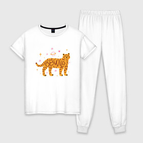 Женская пижама хлопок с принтом Be Wild в Новосибирске, 100% хлопок | брюки и футболка прямого кроя, без карманов, на брюках мягкая резинка на поясе и по низу штанин | 2022 | animal | cat | lion | tiger | год тигра | животные | зверь | зубы | кот | кошка | лев | охотник | полосатый | природа | тигр | тигренок | тигрица | хищник