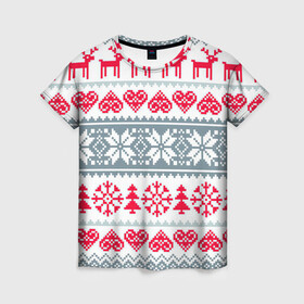 Женская футболка 3D с принтом Вязаный рисунок в Новосибирске, 100% полиэфир ( синтетическое хлопкоподобное полотно) | прямой крой, круглый вырез горловины, длина до линии бедер | арт | вязаный рисунок | вязь | любовь | новый год | ночь | олени | олень | рисунок | рождество | сердечки | сердечко | сердце | снег | снеговик | снеговики | снежинка | снежинки