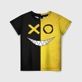 Детская футболка 3D с принтом Yellow and black smile в Новосибирске, 100% гипоаллергенный полиэфир | прямой крой, круглый вырез горловины, длина до линии бедер, чуть спущенное плечо, ткань немного тянется | Тематика изображения на принте: emoji | smile | глаза крестики | злой смайл | злой смайлик | зубы | контраст | крестики | подарок | пятна | смайл | смайлик | улыбка | эмоджи | эмоция