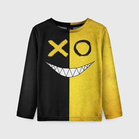 Детский лонгслив 3D с принтом Yellow and black smile в Новосибирске, 100% полиэстер | длинные рукава, круглый вырез горловины, полуприлегающий силуэт
 | emoji | smile | глаза крестики | злой смайл | злой смайлик | зубы | контраст | крестики | подарок | пятна | смайл | смайлик | улыбка | эмоджи | эмоция