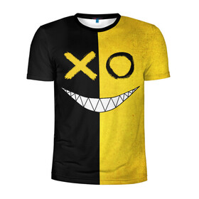 Мужская футболка 3D спортивная с принтом Yellow and black smile в Новосибирске, 100% полиэстер с улучшенными характеристиками | приталенный силуэт, круглая горловина, широкие плечи, сужается к линии бедра | emoji | smile | глаза крестики | злой смайл | злой смайлик | зубы | контраст | крестики | подарок | пятна | смайл | смайлик | улыбка | эмоджи | эмоция