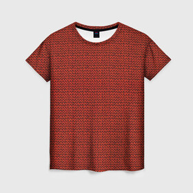 Женская футболка 3D с принтом Красная вязь в Новосибирске, 100% полиэфир ( синтетическое хлопкоподобное полотно) | прямой крой, круглый вырез горловины, длина до линии бедер | арт | вязаный рисунок | вязь | новый год | однотонный рисунок | рисунок | рождество