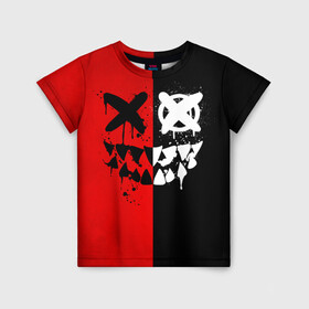 Детская футболка 3D с принтом Smail Black and red в Новосибирске, 100% гипоаллергенный полиэфир | прямой крой, круглый вырез горловины, длина до линии бедер, чуть спущенное плечо, ткань немного тянется | emoji | smile | глаза крестики | злой смайл | злой смайлик | зубы | контраст | крестики | подарок | пятна | смайл | смайлик | улыбка | эмоджи | эмоция