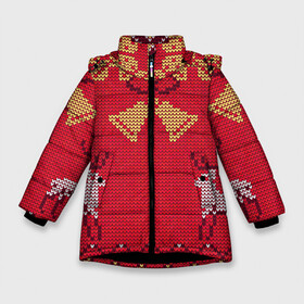 Зимняя куртка для девочек 3D с принтом Новогодние колокольчики в Новосибирске, ткань верха — 100% полиэстер; подклад — 100% полиэстер, утеплитель — 100% полиэстер. | длина ниже бедра, удлиненная спинка, воротник стойка и отстегивающийся капюшон. Есть боковые карманы с листочкой на кнопках, утяжки по низу изделия и внутренний карман на молнии. 

Предусмотрены светоотражающий принт на спинке, радужный светоотражающий элемент на пуллере молнии и на резинке для утяжки. | Тематика изображения на принте: арт | вязаный рисунок | вязь | колокольчик | колокольчики | новый год | ночь | олени | олень | рисунок | рога | рождество | снег | снеговик | снеговики | снежинка | снежинки