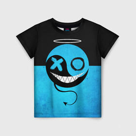Детская футболка 3D с принтом Smail Blue в Новосибирске, 100% гипоаллергенный полиэфир | прямой крой, круглый вырез горловины, длина до линии бедер, чуть спущенное плечо, ткань немного тянется | Тематика изображения на принте: emoji | smile | глаза крестики | злой смайл | злой смайлик | зубы | контраст | крестики | подарок | пятна | смайл | смайлик | улыбка | эмоджи | эмоция