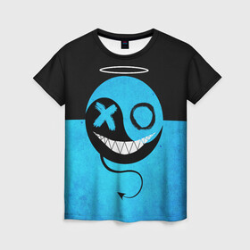 Женская футболка 3D с принтом Smail Blue в Новосибирске, 100% полиэфир ( синтетическое хлопкоподобное полотно) | прямой крой, круглый вырез горловины, длина до линии бедер | emoji | smile | глаза крестики | злой смайл | злой смайлик | зубы | контраст | крестики | подарок | пятна | смайл | смайлик | улыбка | эмоджи | эмоция