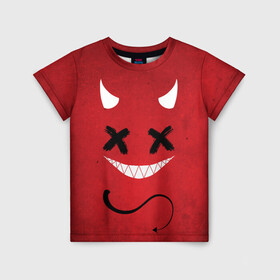 Детская футболка 3D с принтом Red Evil Smile в Новосибирске, 100% гипоаллергенный полиэфир | прямой крой, круглый вырез горловины, длина до линии бедер, чуть спущенное плечо, ткань немного тянется | emoji | smile | глаза крестики | злой смайл | злой смайлик | зубы | контраст | крестики | подарок | пятна | смайл | смайлик | улыбка | эмоджи | эмоция
