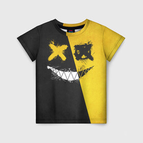 Детская футболка 3D с принтом Yellow and Black Emoji в Новосибирске, 100% гипоаллергенный полиэфир | прямой крой, круглый вырез горловины, длина до линии бедер, чуть спущенное плечо, ткань немного тянется | emoji | smile | глаза крестики | злой смайл | злой смайлик | зубы | контраст | крестики | подарок | пятна | смайл | смайлик | улыбка | эмоджи | эмоция
