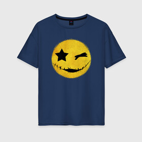 Женская футболка хлопок Oversize с принтом Смайл желтый в Новосибирске, 100% хлопок | свободный крой, круглый ворот, спущенный рукав, длина до линии бедер
 | emoji | smile | глаза крестики | злой смайл | злой смайлик | зубы | контраст | крестики | подарок | пятна | смайл | смайлик | улыбка | эмоджи | эмоция