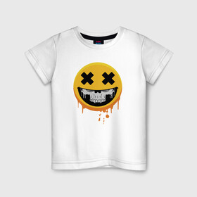 Детская футболка хлопок с принтом Смайл с черепом в Новосибирске, 100% хлопок | круглый вырез горловины, полуприлегающий силуэт, длина до линии бедер | emoji | smile | глаза крестики | злой смайл | злой смайлик | зубы | контраст | крестики | подарок | пятна | смайл | смайлик | улыбка | эмоджи | эмоция