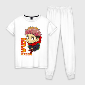 Женская пижама хлопок с принтом Yuji Itadori Jujutsu Kaisen в Новосибирске, 100% хлопок | брюки и футболка прямого кроя, без карманов, на брюках мягкая резинка на поясе и по низу штанин | Тематика изображения на принте: anime | jujutsu kaisen | manga | sorsery fight | yuji itadori | аниме | джутсу кайсен | дзюдзюцу кайсэн | засранец | итадори юдзи | маг | магическая битва | манга | проклятия | сосуд для сукуна