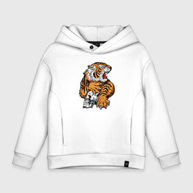 Детское худи Oversize хлопок с принтом Tiger Skull в Новосибирске, френч-терри — 70% хлопок, 30% полиэстер. Мягкий теплый начес внутри —100% хлопок | боковые карманы, эластичные манжеты и нижняя кромка, капюшон на магнитной кнопке | 2022 | animal | cat | lion | tiger | год тигра | животные | зверь | зубы | кот | кошка | лев | охотник | полосатый | природа | тигр | тигренок | тигрица | хищник