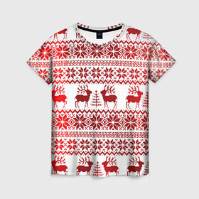 Женская футболка 3D с принтом Зимний лес в Новосибирске, 100% полиэфир ( синтетическое хлопкоподобное полотно) | прямой крой, круглый вырез горловины, длина до линии бедер | арт | вязаный рисунок | вязь | ёлка | ёлки | ель | новый год | ночь | олени | олень | рисунок | рога | рождество | снег | снеговик | снеговики | снежинка | снежинки