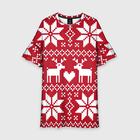 Детское платье 3D с принтом Рождественские олени в Новосибирске, 100% полиэстер | прямой силуэт, чуть расширенный к низу. Круглая горловина, на рукавах — воланы | Тематика изображения на принте: арт | большие цветы | большой цветок | вязаный рисунок | вязь | новый год | олени | олень | рисунок | рождество | сердечко | сердце | снег | снежинка | снежинки | цветок | цветы