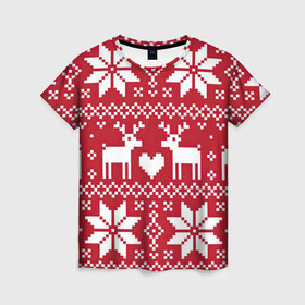 Женская футболка 3D с принтом Рождественские олени в Новосибирске, 100% полиэфир ( синтетическое хлопкоподобное полотно) | прямой крой, круглый вырез горловины, длина до линии бедер | арт | большие цветы | большой цветок | вязаный рисунок | вязь | новый год | олени | олень | рисунок | рождество | сердечко | сердце | снег | снежинка | снежинки | цветок | цветы