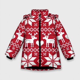 Зимняя куртка для девочек 3D с принтом Пиксельные рождественские олени в Новосибирске, ткань верха — 100% полиэстер; подклад — 100% полиэстер, утеплитель — 100% полиэстер. | длина ниже бедра, удлиненная спинка, воротник стойка и отстегивающийся капюшон. Есть боковые карманы с листочкой на кнопках, утяжки по низу изделия и внутренний карман на молнии. 

Предусмотрены светоотражающий принт на спинке, радужный светоотражающий элемент на пуллере молнии и на резинке для утяжки. | арт | большие цветы | большой цветок | вязаный рисунок | вязь | новый год | олени | олень | рисунок | рождество | сердечко | сердце | снег | снежинка | снежинки | цветок | цветы