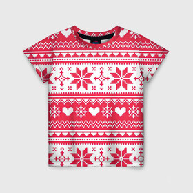 Детская футболка 3D с принтом Новогодний уют в Новосибирске, 100% гипоаллергенный полиэфир | прямой крой, круглый вырез горловины, длина до линии бедер, чуть спущенное плечо, ткань немного тянется | Тематика изображения на принте: арт | вязаный рисунок | вязь | новый год | рисунок | рождество | сердечки | сердечко | сердца | сердце | снег | снежинка | снежинки