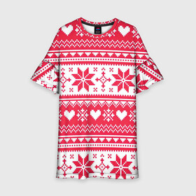 Детское платье 3D с принтом Новогодний уют в Новосибирске, 100% полиэстер | прямой силуэт, чуть расширенный к низу. Круглая горловина, на рукавах — воланы | арт | вязаный рисунок | вязь | новый год | рисунок | рождество | сердечки | сердечко | сердца | сердце | снег | снежинка | снежинки