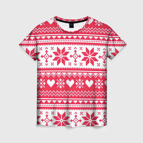 Женская футболка 3D с принтом Новогодний уют в Новосибирске, 100% полиэфир ( синтетическое хлопкоподобное полотно) | прямой крой, круглый вырез горловины, длина до линии бедер | арт | вязаный рисунок | вязь | новый год | рисунок | рождество | сердечки | сердечко | сердца | сердце | снег | снежинка | снежинки