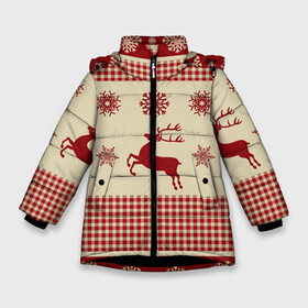 Зимняя куртка для девочек 3D с принтом Новогодние олени бегут в Новосибирске, ткань верха — 100% полиэстер; подклад — 100% полиэстер, утеплитель — 100% полиэстер. | длина ниже бедра, удлиненная спинка, воротник стойка и отстегивающийся капюшон. Есть боковые карманы с листочкой на кнопках, утяжки по низу изделия и внутренний карман на молнии. 

Предусмотрены светоотражающий принт на спинке, радужный светоотражающий элемент на пуллере молнии и на резинке для утяжки. | Тематика изображения на принте: арт | вязаный рисунок | вязь | новый год | олени | олень | рисунок | рога | рождество | снег | снежинка | снежинки