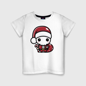 Детская футболка хлопок с принтом Маленький Санта Клаус в Новосибирске, 100% хлопок | круглый вырез горловины, полуприлегающий силуэт, длина до линии бедер | eyes | gifts | heart | holiday | santa klaus | skeleton | skull | star | глаза | дед мороз | звезда | подарки | праздник | сердце | скелет | череп
