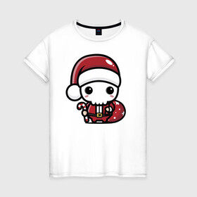 Женская футболка хлопок с принтом Маленький Санта Клаус в Новосибирске, 100% хлопок | прямой крой, круглый вырез горловины, длина до линии бедер, слегка спущенное плечо | eyes | gifts | heart | holiday | santa klaus | skeleton | skull | star | глаза | дед мороз | звезда | подарки | праздник | сердце | скелет | череп