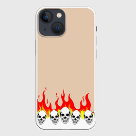 Чехол для iPhone 13 mini с принтом Черепа в Огне (Бежевый) в Новосибирске,  |  | fire | head | skulls | голова | зверь | зубы | кости | огонь | паттерн | пламя | скелет | текстура | узор | черепа