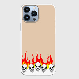 Чехол для iPhone 13 Pro Max с принтом Черепа в Огне (Бежевый) в Новосибирске,  |  | fire | head | skulls | голова | зверь | зубы | кости | огонь | паттерн | пламя | скелет | текстура | узор | черепа