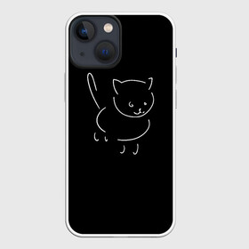 Чехол для iPhone 13 mini с принтом Котэ на чёрном в Новосибирске,  |  | белый | животное | зарисовка | контур | кот | котэ | кошка | круглый | линейный | набросок | рисунок | хвост | черный