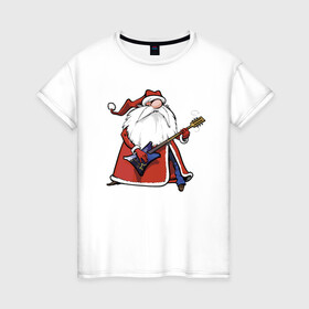 Женская футболка хлопок с принтом Дед Мороз гитарист в Новосибирске, 100% хлопок | прямой крой, круглый вырез горловины, длина до линии бедер, слегка спущенное плечо | beard | guitar | holiday | jeans | music | new year | santa klaus | solo | борода | гитара | дед мороз | джинсы | музыка | новый год | праздник | солист