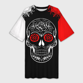 Платье-футболка 3D с принтом Red White Skull  Череп в Новосибирске,  |  | black | cool | halloween | new | patterns | popular | print | red and white | red eyes | rock | rose | skull | teeth | top | trend | зубы | красно белый | красные глаза | крутой | новые | популярный | принт | роза | рок | топ | тренд | узоры | хэллоуин | 