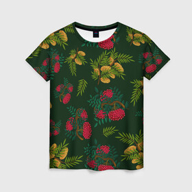 Женская футболка 3D с принтом ветки рябины и облепихи в Новосибирске, 100% полиэфир ( синтетическое хлопкоподобное полотно) | прямой крой, круглый вырез горловины, длина до линии бедер | ветки | деревья | зеленый | зима | лес | листья | новый год | облепиха | осень | праздничный | природа | рождество | рябина | темно зеленый | ягоды