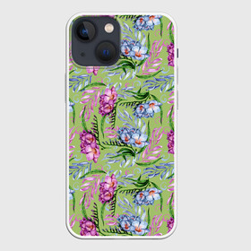 Чехол для iPhone 13 mini с принтом Акварельные фрезии   фон киви в Новосибирске,  |  | акварель | акварельные | акварельный | женственная | киви | листва | листочки | листья | оливковый | свежий | фрезии | фрезия | цветочки | цветочный | цветы