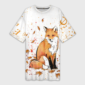 Платье-футболка 3D с принтом ЛИСА В ЛИСТЬЯХ  ОСЕННЕЕ НАСТРОЕНИЕ  FOX IN THE FOREST в Новосибирске,  |  | autumn | forest | fox | животные | звери | лес | лиса | листья | музыка | ноты | осень | песни | природа