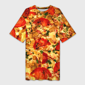 Платье-футболка 3D с принтом Пицца с грибами в Новосибирске,  |  | baked | cheese | food | herbs | italian | mushrooms | onions | pizza | tomatoes | грибы | еда | запечённые | зелень | итальянская | лук | пицца | помидоры | сыр