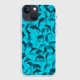 Чехол для iPhone 13 mini с принтом Синий камуфляж с дельфинами в Новосибирске,  |  | дельфин | дельфины | море | морской | океан | паттерн | рыба