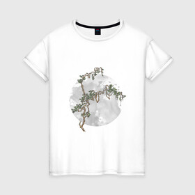 Женская футболка хлопок с принтом Дерево под луной в китайском стиле в Новосибирске, 100% хлопок | прямой крой, круглый вырез горловины, длина до линии бедер, слегка спущенное плечо | дерево | звезды | китайский стиль | листва | луна | ночь | переплетение | природа | романтика | ствол дерева | узор
