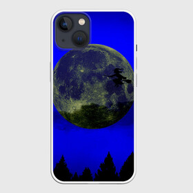 Чехол для iPhone 13 с принтом Зловещие Полнолуние в Новосибирске,  |  | Тематика изображения на принте: ведьма летит над лесом | ведьма на метле | колдунья на метле | луна и ведьма | луна на хэллоуин | луна над лесом | лунный свет | полнолуние на хэллоуин