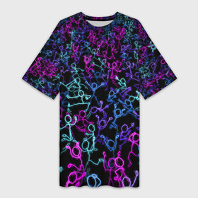 Платье-футболка 3D с принтом Neon Rave Party в Новосибирске,  |  | Тематика изображения на принте: disco | rave | дискотека | неоновый | рейв | танцы | человечки