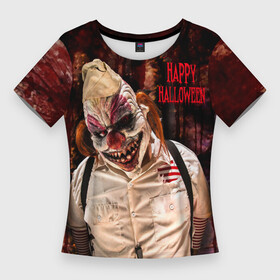 Женская футболка 3D Slim с принтом Самый страшный клоун в Новосибирске,  |  | clown | evil | fear | happy halloween | holiday | horror | look | red eyes | scary | взгляд | злой | клоун | красные глаза | праздник | страшный | ужас | хэллоуин