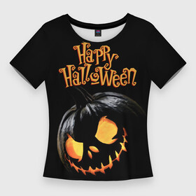 Женская футболка 3D Slim с принтом Взгляд черной тыква в Новосибирске,  |  | black | fiery | happy halloween | holiday | look | night | pumpkin | scary smile | взгляд | ночь | огненный | праздник | страшная улыбка | тыква | хэллоуин | черная